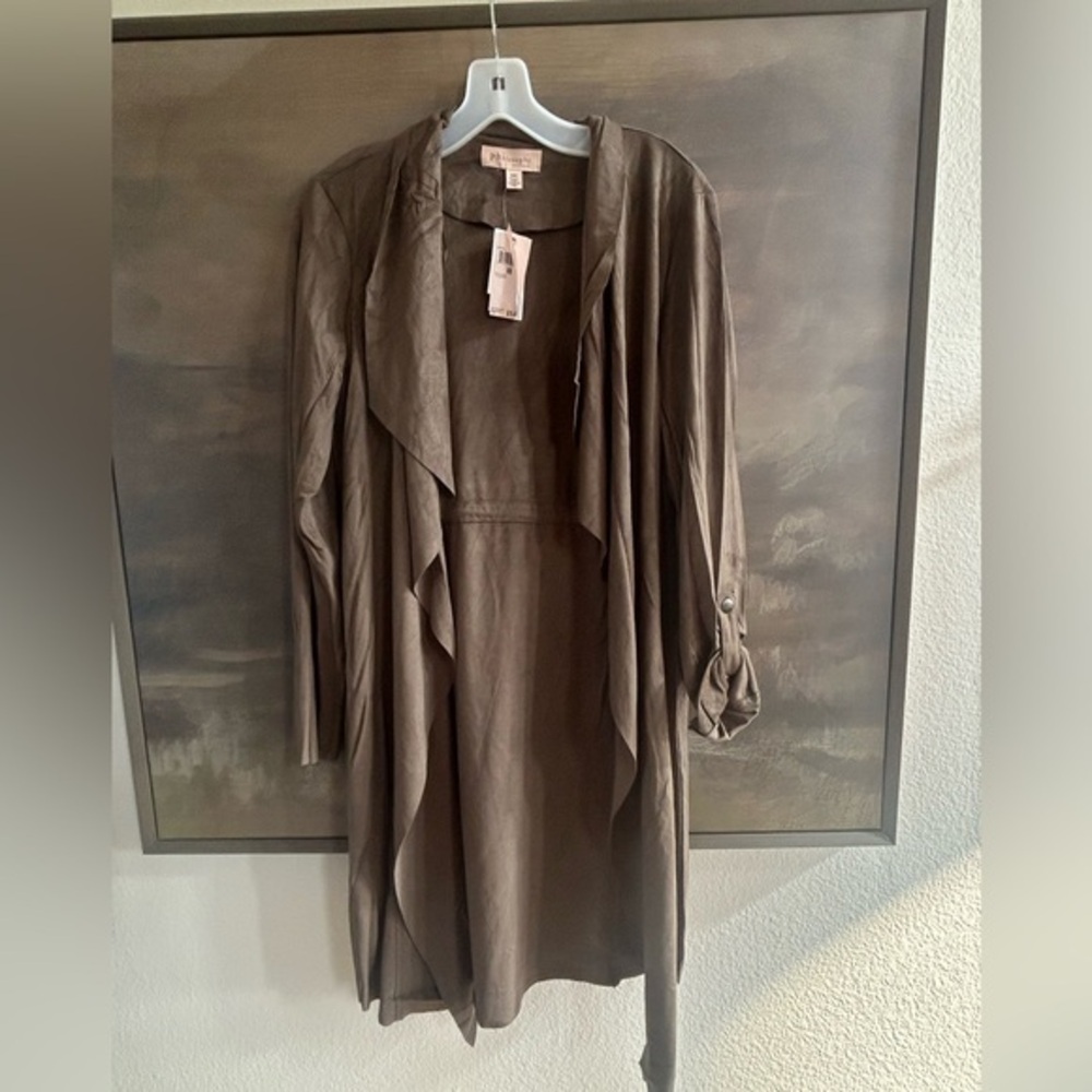 NWT Philosophy Faux Leather Brown Drape Front Jacket
